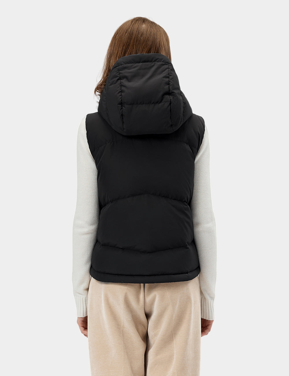 Frauen beheizbare kurze Puffer-Daunenweste - Schwarz / Rot