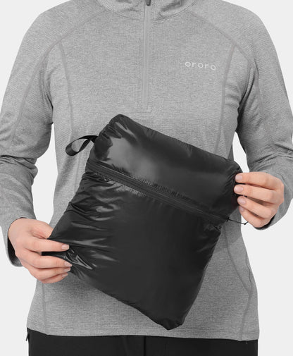 Jacket packs into itself via a large inner pocket and zipper closure